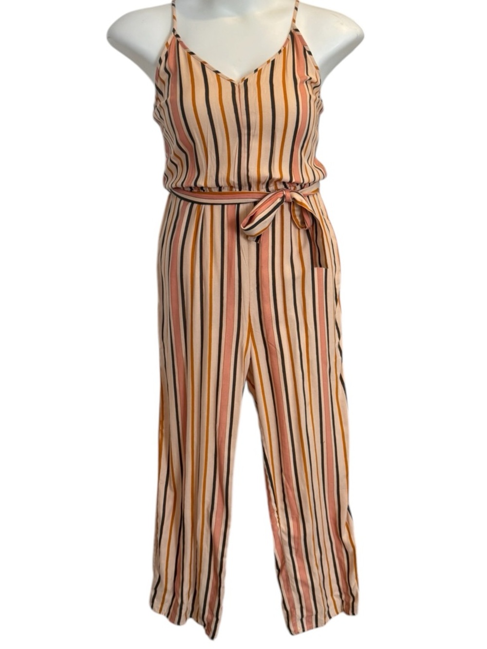 Roxy Striped Cream Brown Gold Pink Summer Cropped Jumpsuit Spaghetti straps